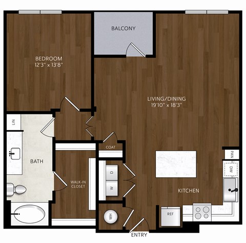 Floor plan for 1 bed, 1 bath, 906 sqft